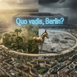 Eine geteilte Zukunftsvision des Tempelhofer Feldes: eine Hälfte grüne Regenwald-Oase, die andere Hälfte verfallene Betonwüste, mit dem Flughafengebäude als blauer Neon-Schriftzug "Quo vadis, Berlin?", ohne Schild am Esel und ohne Fragezeichen im Himmel.