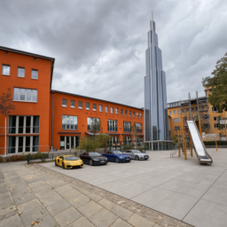 Der Platz vor dem Haus der Jugend mit einem hohen Turm wie in Dubai und geparkten Autos: Lamborghini, Audi, BMW und Mercedes.