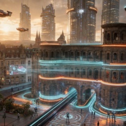 Die Porta Nigra in Trier im Jahr 2045 – eine Hollywood-reife Sci-Fi-Kulisse mit Neonlichtern, fliegenden Fahrzeugen und futuristischen Hochhäusern, in der das römische Stadttor klar erkennbar bleibt.