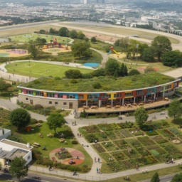 Eine bunte, lebendige Zukunftsvision des Tempelhofer Feldes mit Spielplätzen, Sportflächen, Bäumen und einem soziokulturellen Zentrum im Flughafengebäude.