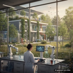Vision eines Chemielabors im Jahr 2040: nachhaltige, begrünte Fabrikanlage mit Aufforstung, Kreislaufwirtschaft und menschenfreundlicher Technologie, die Laborarbeit unterstützt.