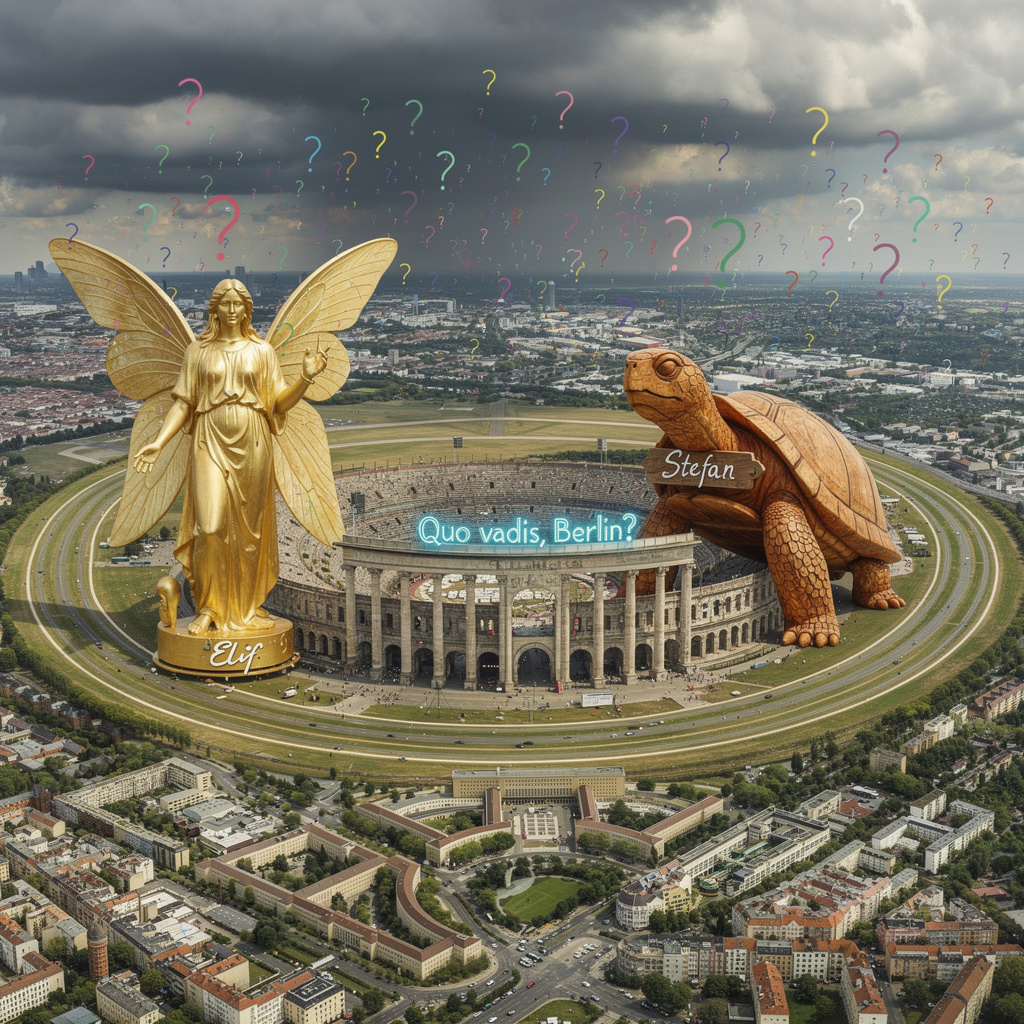 Visionäre Zukunft des Tempelhofer Feldes: goldene Feenstatue "Elif", riesige Schildkröte "Stefan", Flughafengebäude als römische Arena mit "Quo vadis, Berlin?"-Neonschrift, bunte Fragezeichen regnen vom Himmel.