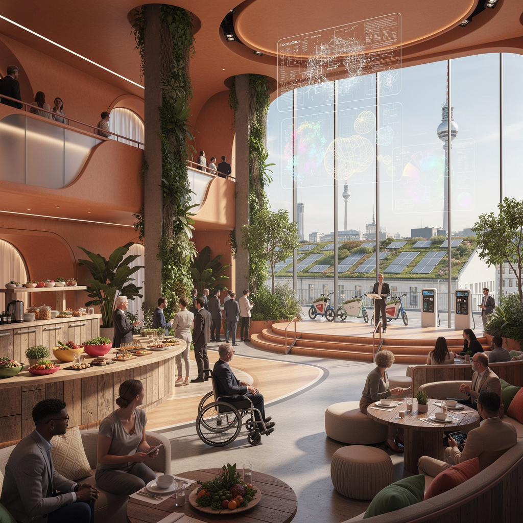 Ein moderner Berliner Veranstaltungsort im Jahr 2040: warme Farben, organische Formen, in die Architektur integrierte Technik. Üppige Begrünung, große Relaxzonen und inklusive Cateringbereiche. Diverse Menschen genießen inspirierende Vorträge mit beeindruckenden Hologrammen. Nachhaltige Materialien, Solarpaneele, Fahrradstellplätze. Im Hintergrund die Berliner Skyline, durchzogen von Grünflächen – eine Stadt, die Arbeit, Natur und Menschlichkeit vereint.