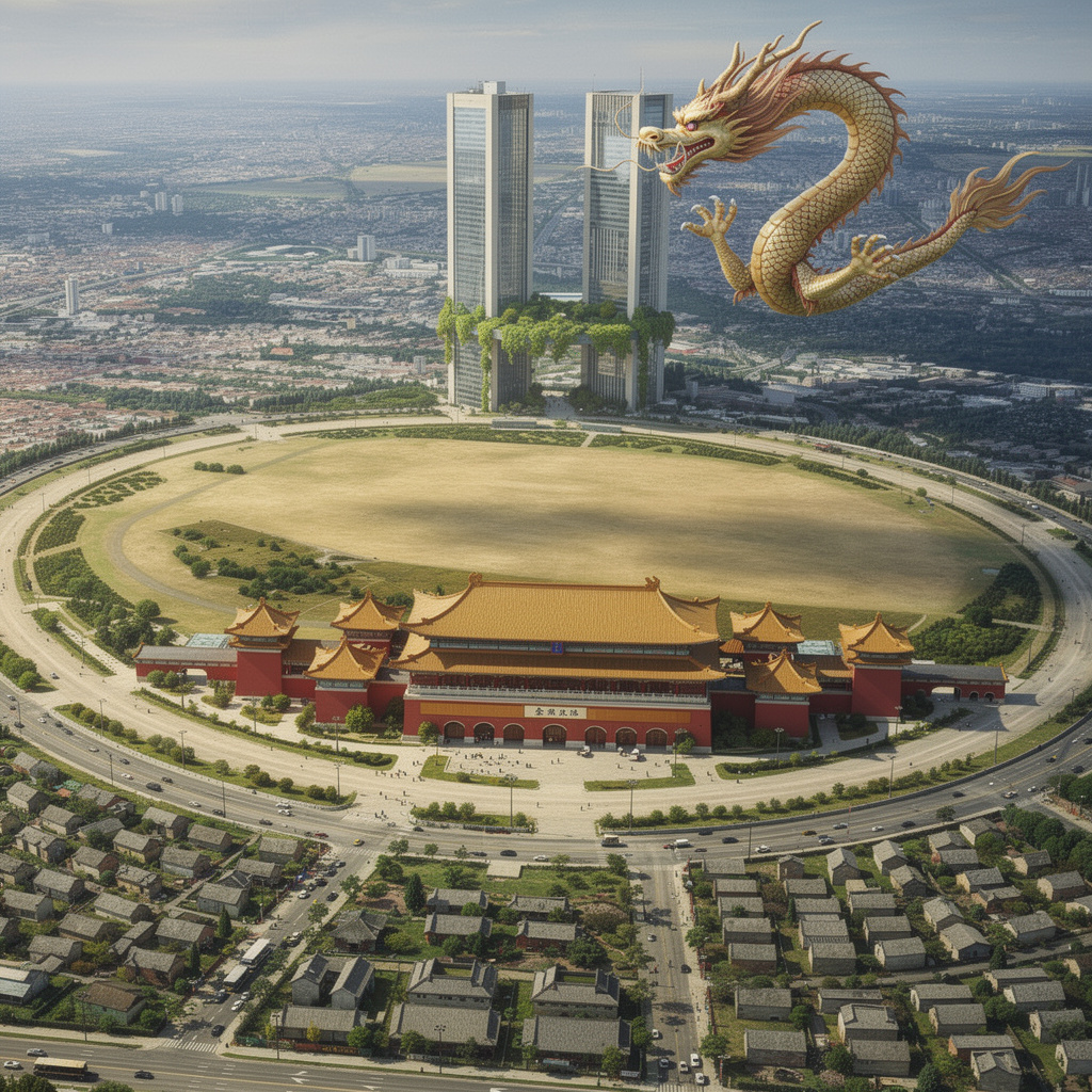 Eine futuristische Vision des Tempelhofer Feldes mit chinesischer Palastarchitektur, begrünter Hochhausstruktur und einem Drachen am Himmel.
