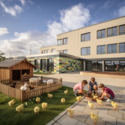 Die Lindenhof-Grundschule der Zukunft mit einem kleinen Bauernhof auf dem Schulhof: Kinder streicheln Tiere wie Schafe und Hasen, während überall kleine Küken herumlaufen.