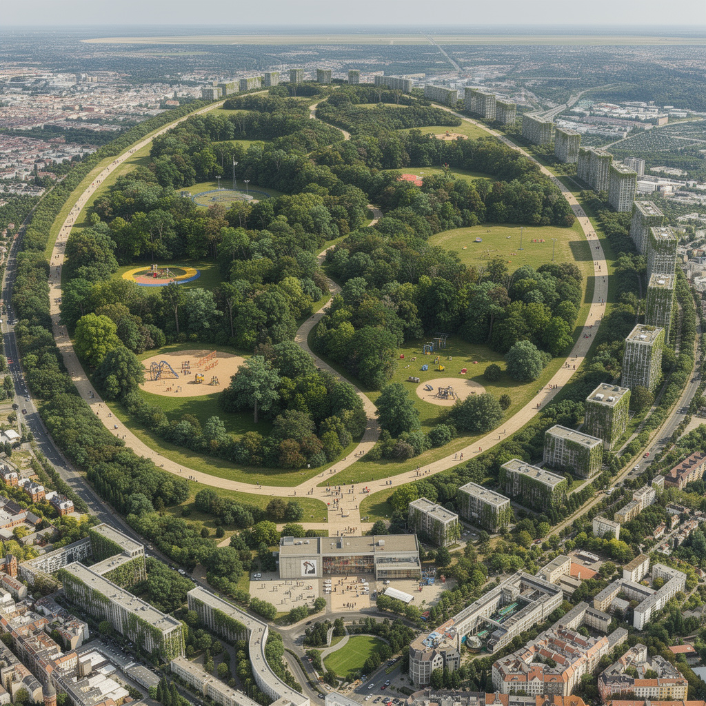 Visionäre Gestaltung des Tempelhofer Feldes mit dichter Bewaldung, versteckten Freizeitarealen und einem verkleinerten historischen Gebäude.