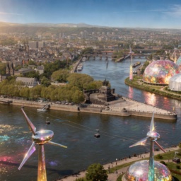 Das Deutsche Eck in Koblenz im Jahr 2045: Windräder und Biogasanlagen als Kunstwerke im Stil von Olafur Eliasson, bei strahlend schönem Wetter.
