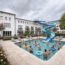 Das Haus der Jugend als weiße Villa mit blauem Sprungbrett und großer Rutsche in den Pool. Im Pool sind jetzt größere Jugendliche und junge Erwachsene. Rosa Blumen und Bäume stehen rund um den Platz.