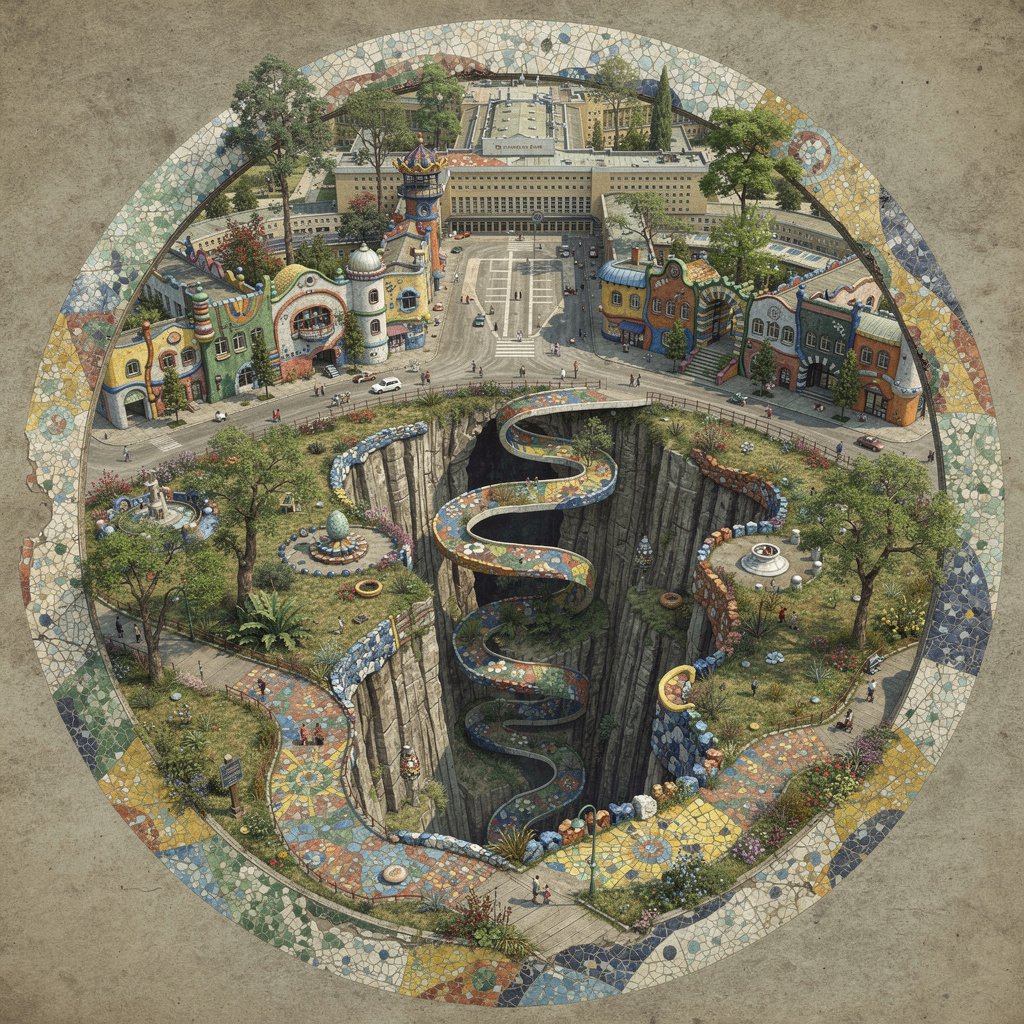 Eine fokussierte Zukunftsvision des Tempelhofer Feldes mit Abgründen im Hundertwasser-Stil, ohne Himmel und ohne umliegende Stadt sichtbar.