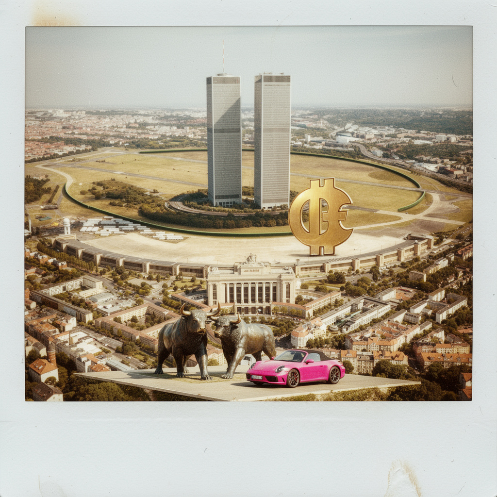 Visionäre Zukunft des Tempelhofer Feldes: Twin Towers als neues Finanzzentrum, Flughafengebäude als Börse mit Euro- und Bitcoinsymbol, Bullen- und Bärenstatuen, pinker Porsche 911 Targa – im Stil von Stefanie Schneiders abgelaufenen Polaroids.