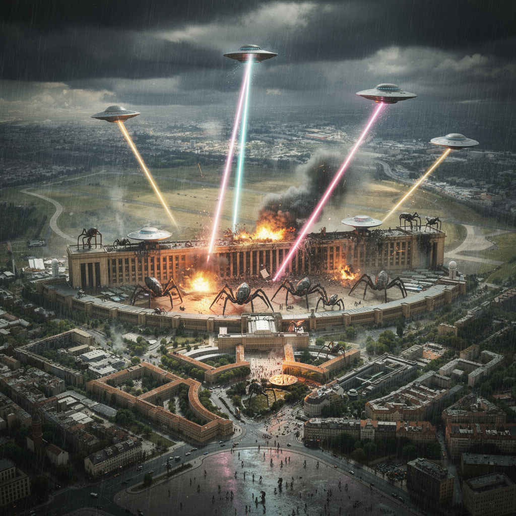 Dramatische Alien-Invasion am Tempelhofer Feld: brennendes Flughafengebäude, fliegende Untertassen, Spinnenroboter und Laserstrahlen im regnerischen Sin-City-Look