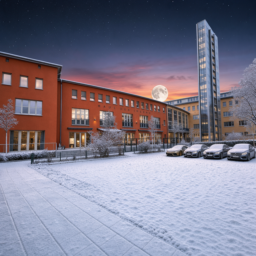 Der verschneite Platz vor dem Haus der Jugend ohne die kleinen leuchtenden Häuser, mit Turm, Autos, Sonnenuntergang, Sternenhimmel und großem Mond.