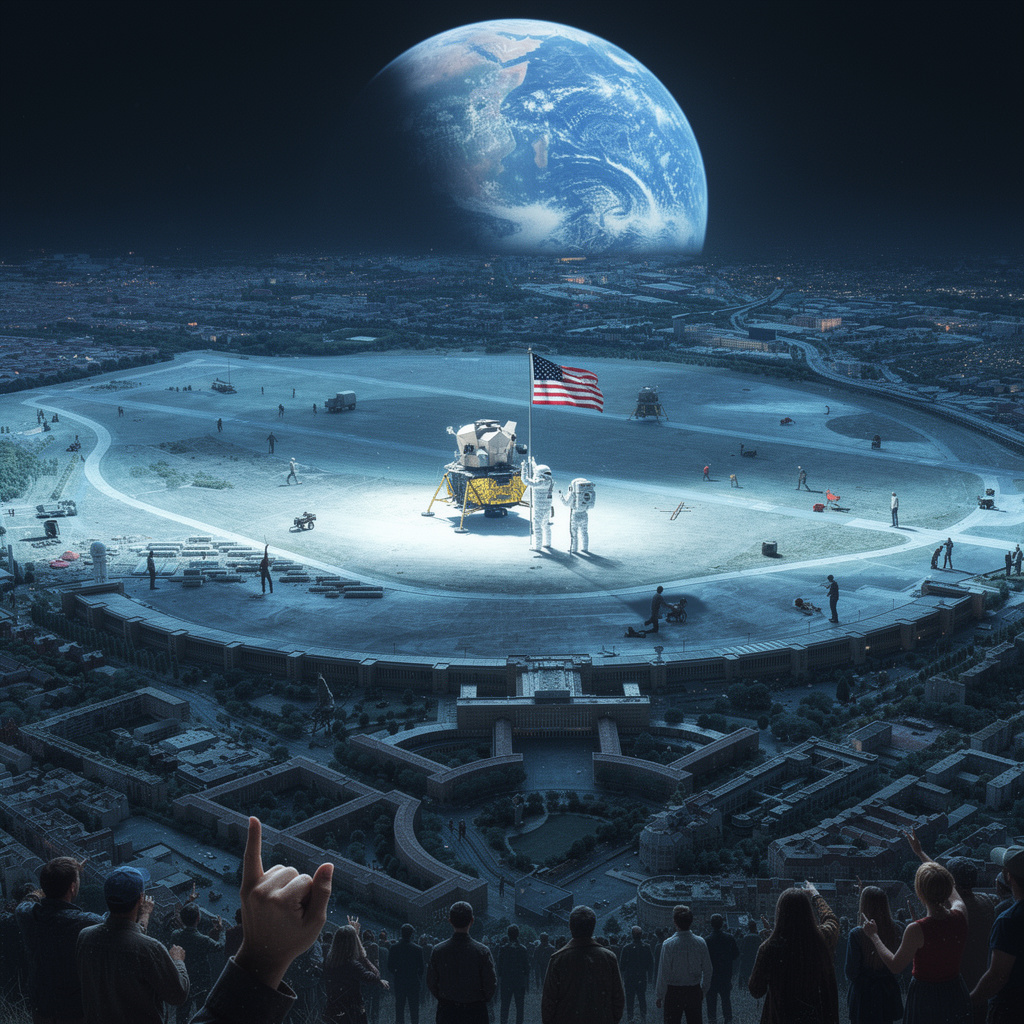 Surreale Zukunftsvision: Mondlandung auf dem Tempelhofer Feld bei Nacht mit Astronauten, die eine Flagge aufstellen, und der deutlich erkennbaren Erde am Himmel wie beim Earthrise-Foto.
