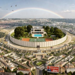 Eine feudale Villa in der Mitte des Tempelhofer Feldes mit Swimming Pool, Tennisplatz, Basketball Court, alten Bäumen und Helikopterlandeplatz. Das Flughafengebäude wurde zur 6 Meter hohen Sicherheitsmauer mit Kameras und Zugangsschleuse. Sonniger Tag mit Regenbogen und Vögeln.