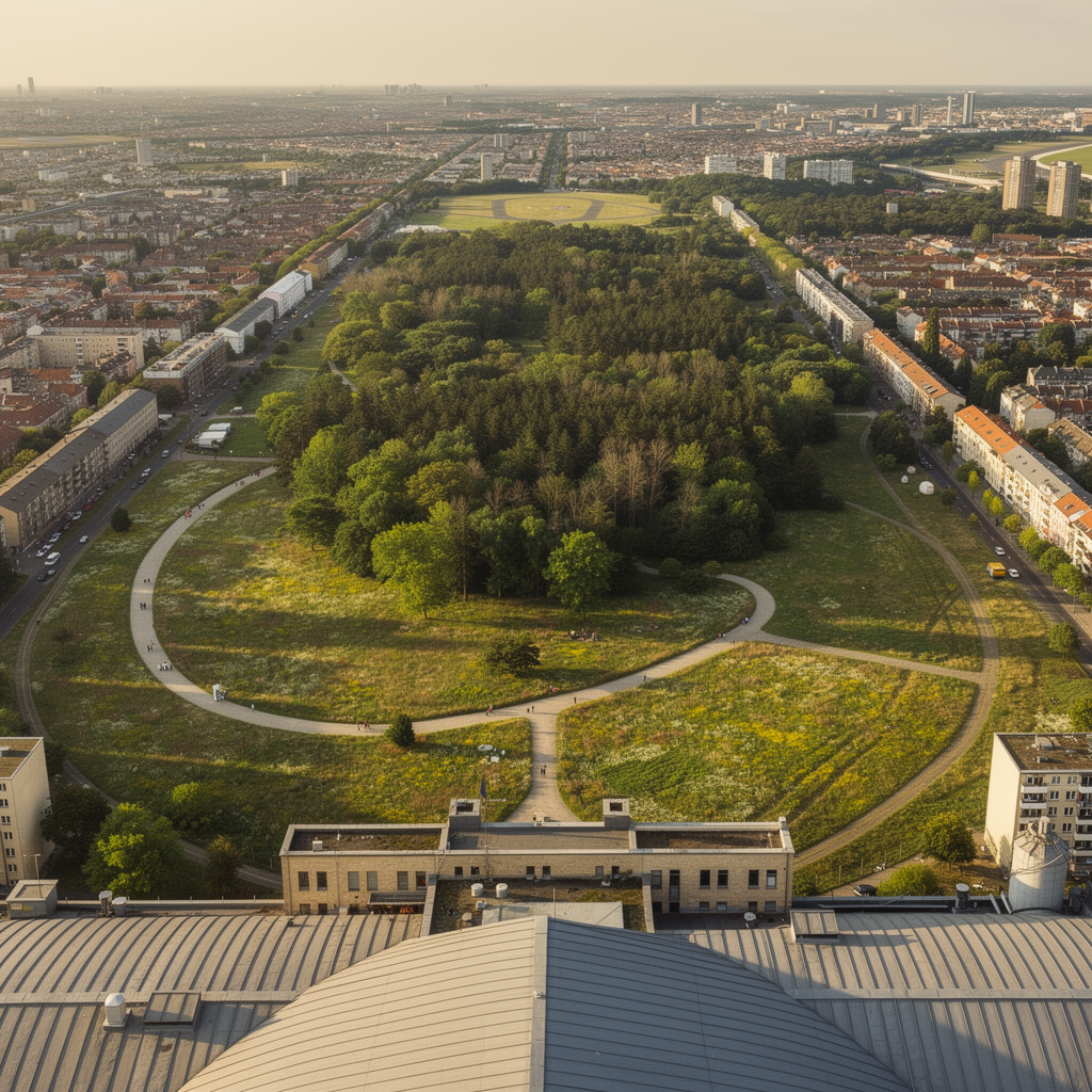 Eine Zukunftsvision des Tempelhofer Feldes ohne Containerdorf: Natürlicher märchenhafter Wald mit Bäumen und Wiesen, langes Dach im Vordergrund.