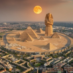 Zukunftsvision des Tempelhofer Feldes mit ägyptischen Pyramiden auf der Wiesenfläche, einem riesigen Pharao anstelle des Flughafengebäudes und einem orangefarbenen Mond am Himmel.