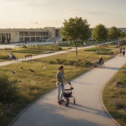 Vision des barrierefreien Tempelhofer Feldes aus Fußgänger-Perspektive, natürlich und lebendig gestaltet mit Pflanzen, Menschen und warmer Atmosphäre
