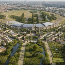 Zukunftsvision Tempelhofer Feld: Historische Landebahnen und Wiesenfläche als klimaresiliente Kühlungszone mit Menschen, Aktivität und fotorealistischem Look.