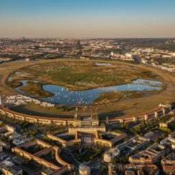Zukunftsvision: Tempelhofer Feld als Zugvogelparadies mit Vogelwarte im Flughafengebäude an einem sonnigen Tag