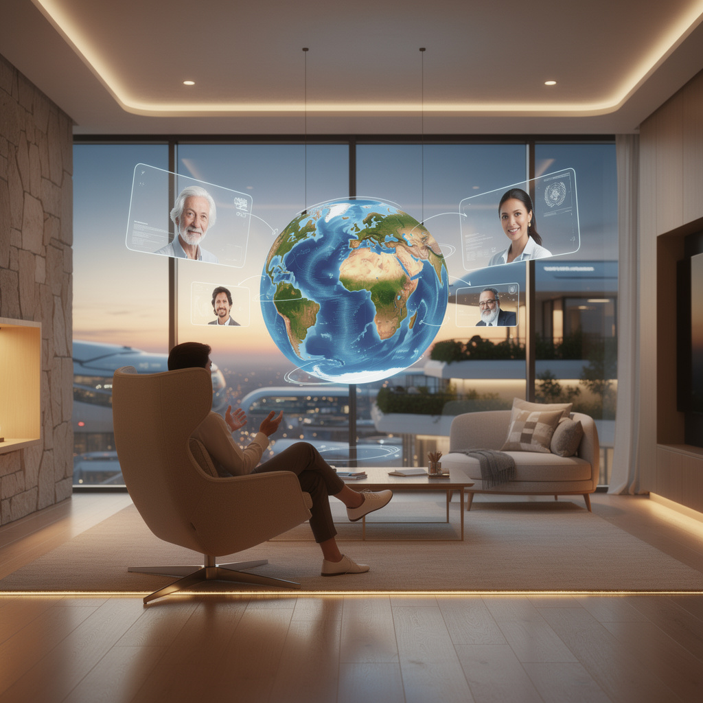 Eine Person sitzt in einem gemütlichen Wohnzimmer und ist umgeben von schwebenden Hologrammen, die Menschen aus aller Welt zeigen. Durch große Fenster sieht man die Erde mit all ihren Kontinenten. Holographische Karten und Verbindungslinien zwischen den Kontinenten symbolisieren globale Demokratie. Die Atmosphäre ist ruhig und menschlich – kein digitaler Lärm, nur echte Verbindung.
