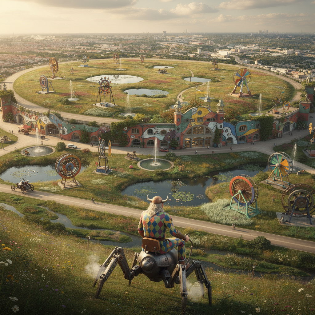 Eine liebliche, verzauberte Schwammstadt-Vision des Tempelhofer Feldes mit warmer Beleuchtung, blühender Vegetation und freundlicher Atmosphäre, Perpetuum Mobiles im Hundertwasser-Stil und mechanischer Spinnenmaschine.