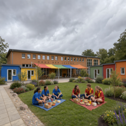 Zukunftsvision: Das Haus der Jugend als gemütliche Bungalow-Anlage mit bunter Regenplane. Auf dem begrünten Vorplatz picknicken zwei Gruppen in unterschiedlichen Uniformen zusammen.