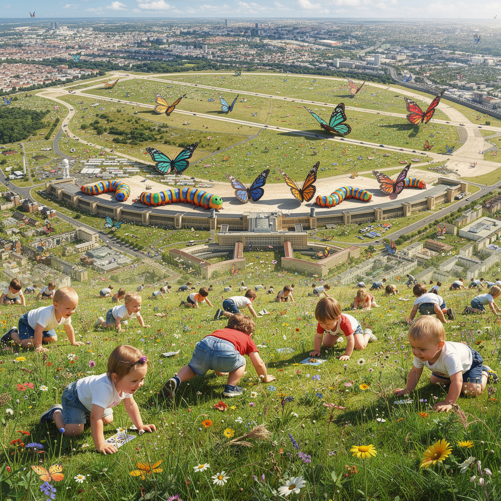 Eine surreale Zukunftsvision des Tempelhofer Feldes: Hunderte übergroßer Kleinkinder krabbeln auf dem Feld, während riesige Schmetterlinge und Raupen sich auf dem Flughafengebäude sonnen - bei bombigem Sommerwetter.