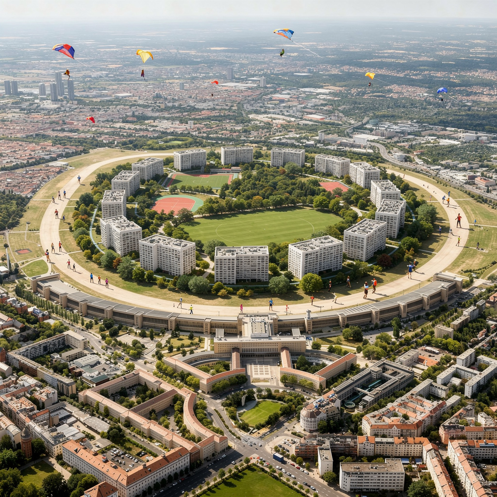 Eine visionäre Darstellung des Tempelhofer Feldes: Wohnungen, Park mit Freiflächen und Sportgeräten innerhalb des ovalen Rundwegs. Das historische Flughafengebäude bleibt als Museum und Büro erhalten. Sonniges Wetter, Menschen beim Drachensteigen in kurzen Hosen. Die umliegende Bebauung bleibt unverändert.