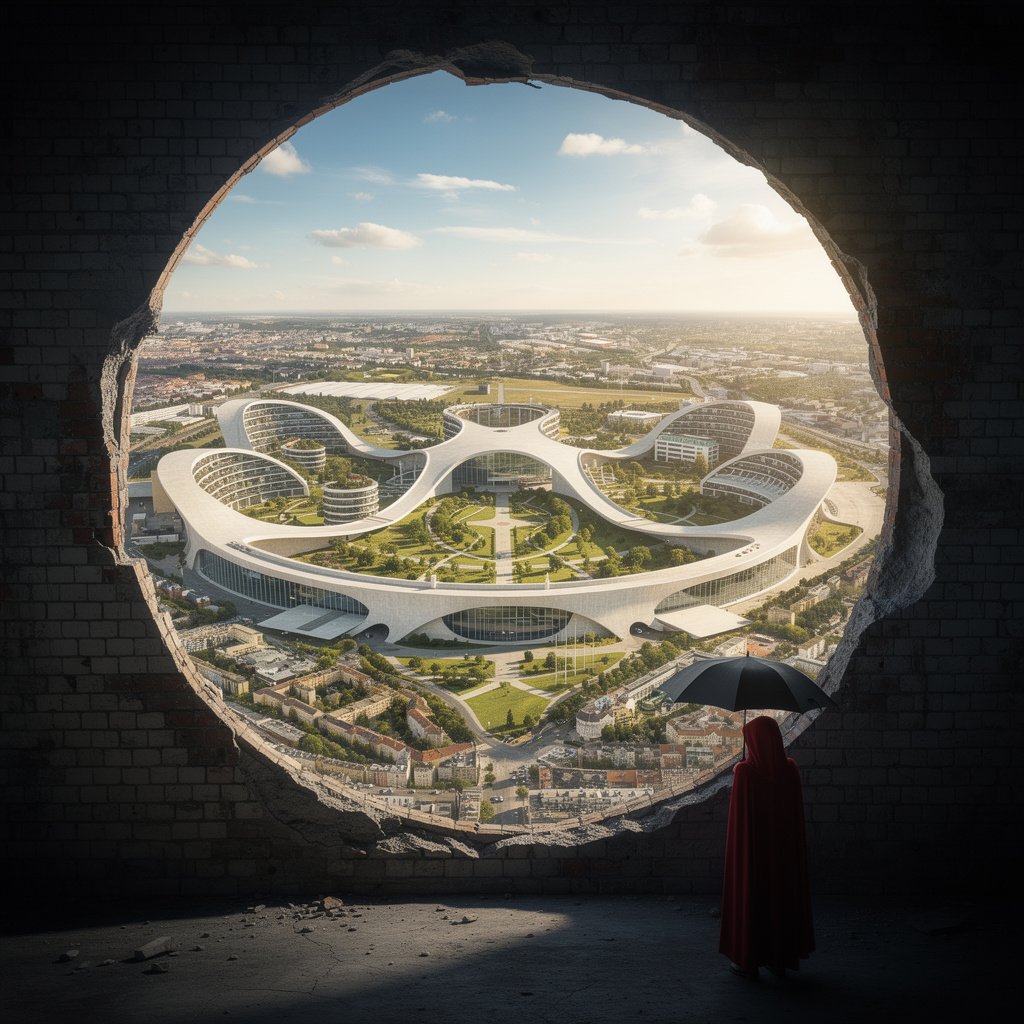 Eine lichtdurchflutete Wohnlandschaft im Stil von Oscar Niemeyer auf dem Tempelhofer Feld, gesehen durch ein Bohrloch aus einem dunklen Ziegelraum, mit Rotkäppchen und Schirm als einzige Figur im Vordergrund