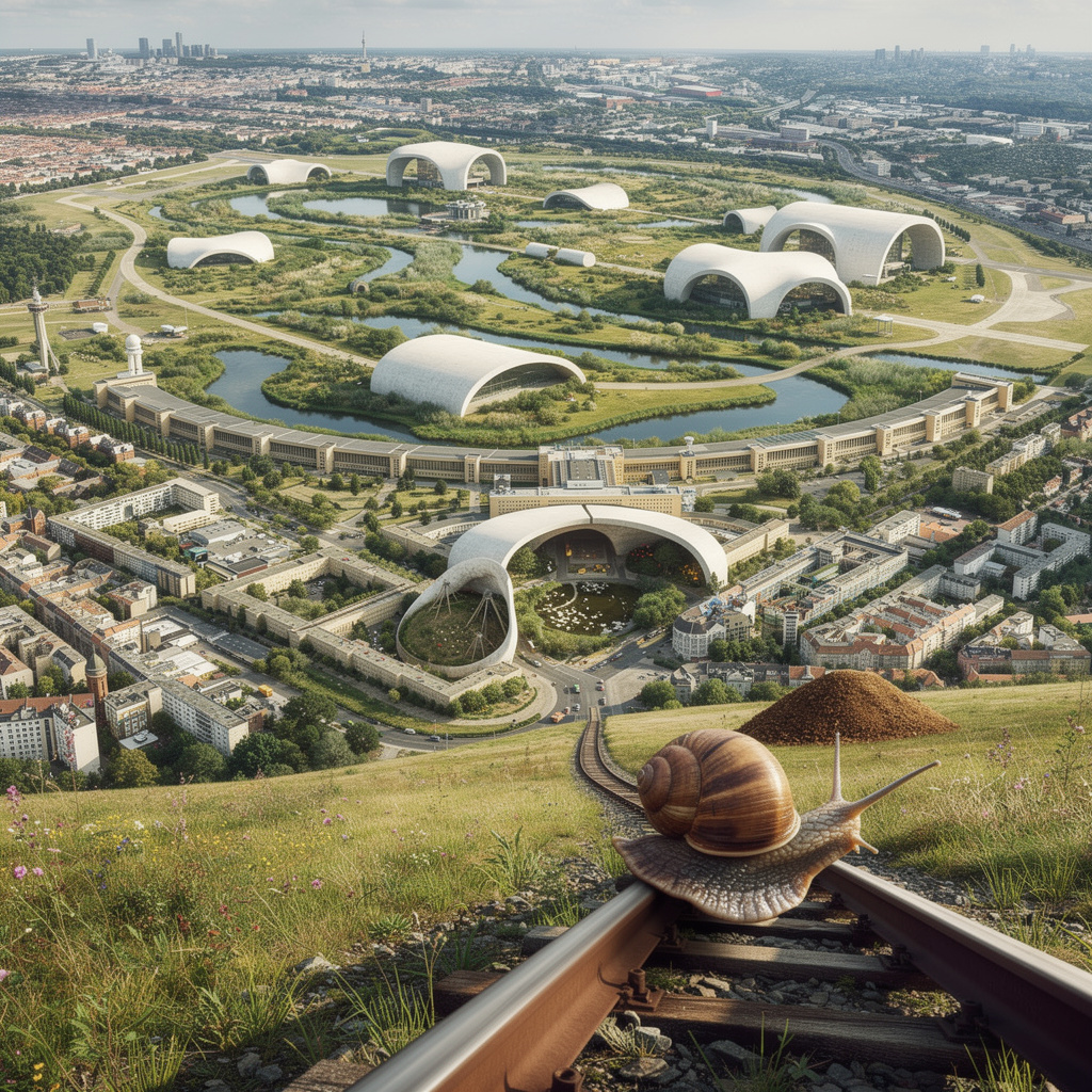 Surreale Zukunftsvision des Tempelhofer Feldes: renaturiertes Urstromtal mit Niemeyer-Architektur, Flughafengebäude mit organischen Formen, Schnecke auf Schiene ins Gelände führend.