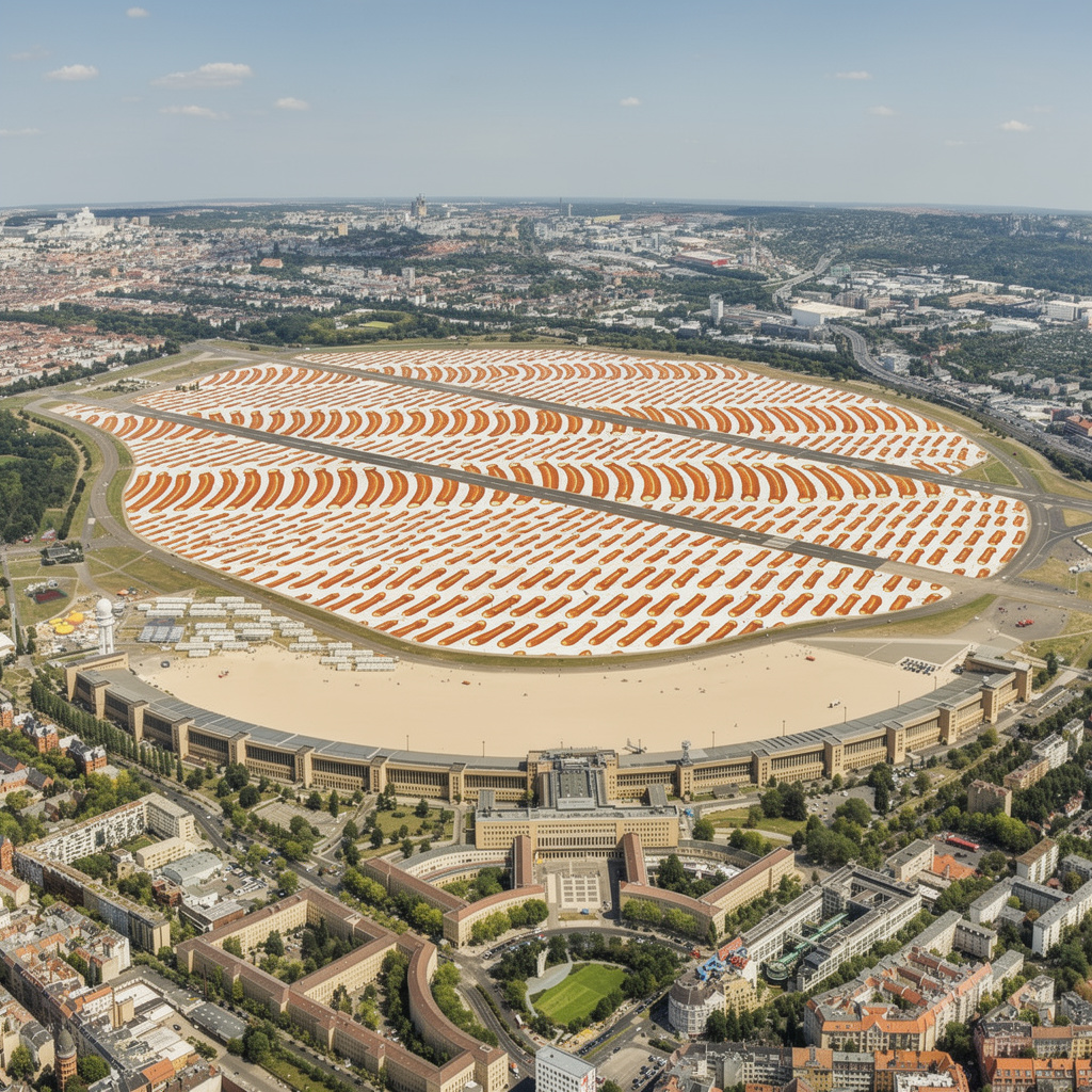 Visionäres Tempelhofer Feld als Autostereogramm-Kunstwerk mit Currywurst-Muster und versteckter Botschaft, das Flughafengebäude als Sandstreifen.