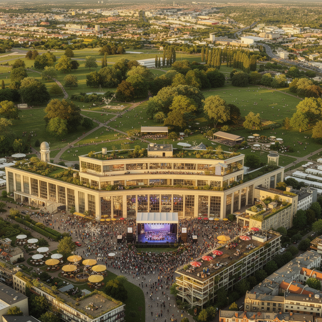 Zukunftsvision des Tempelhofer Feldes: Viel Grün, Bäume, Kulturflächen, Wohnraum am Rand und das begrünte Flughafengebäude mit einer bunten Mischung von Menschen bei Events.