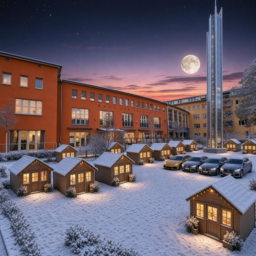 Der Platz vor dem Haus der Jugend im Schnee: ohne Rutsche, mit vielen kleinen leuchtenden Häusern, Turm und Autos, unter Sonnenuntergang, Sternenhimmel und großem Mond.