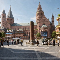 Der unverändert erhaltene Mainzer Dom im Jahr 2045, eingebettet in ein modernes, grünes und sonniges Mainz voller gesunder, zuversichtlicher Menschen.