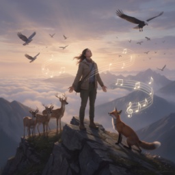 Eine Person steht frei und ruhig auf einem Berggipfel, umgeben von Tieren, während leuchtende Musiknoten durch die Luft schweben – ein Sinnbild für Freiheit, Genug-Sein und Musik als Trost in der Zukunft der Arbeit.