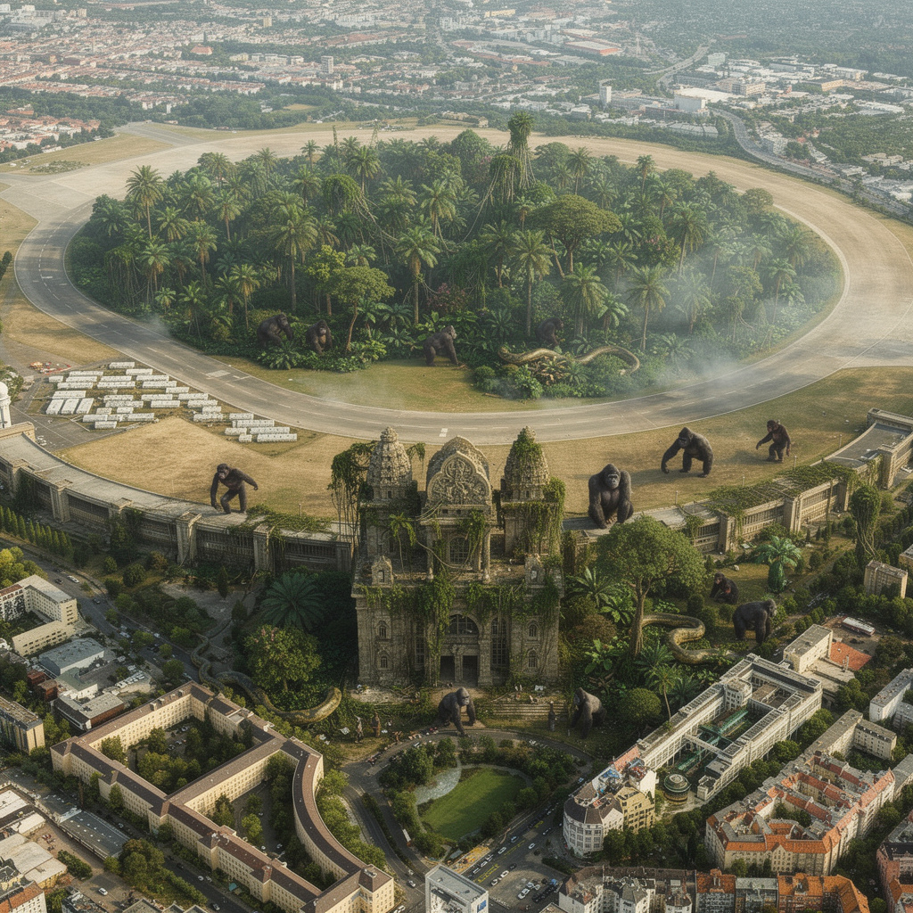 Dichter Urwald erobert das Tempelhofer Feld, das Flughafengebäude wird zum King Luis Palast mit Gorillas, Affen und Schlangen - eine abenteuerliche Dschungel-Vision.
