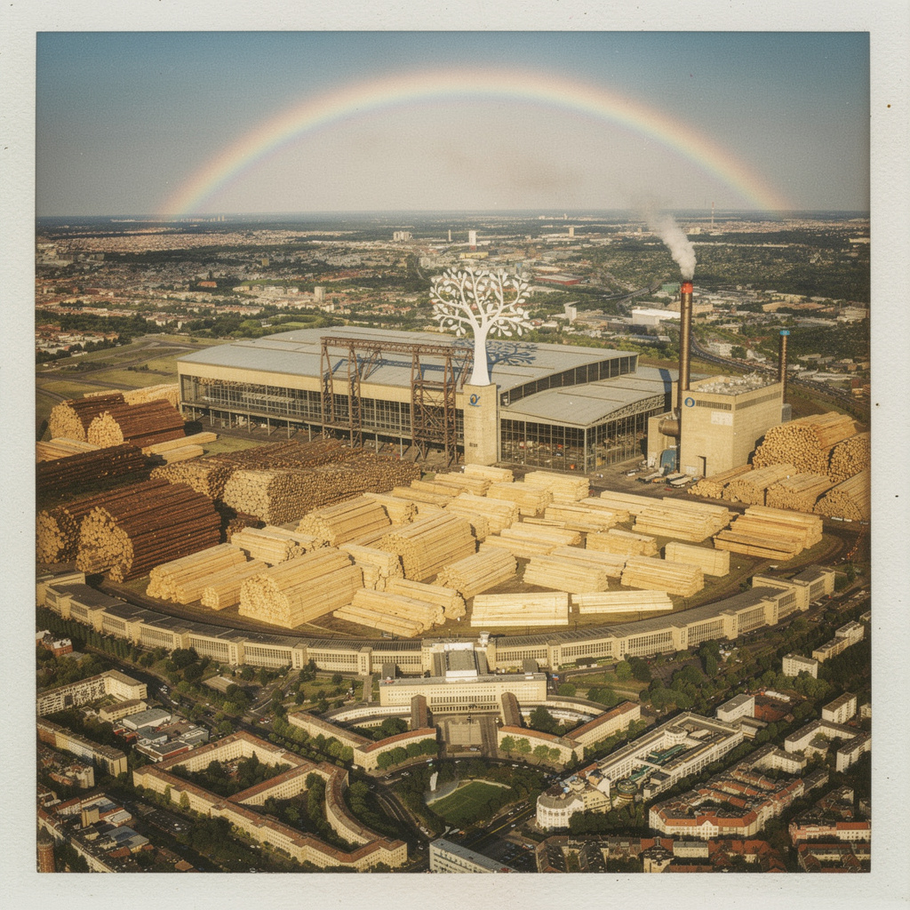 Vision des Tempelhofer Feldes als Sägewerk-Komplex mit Flughafengebäude als Werkstor, Baumstamm-Stapeln, Sägehalle und Regenbogen am sonnigen Tag im Retro-Polaroid-Look.