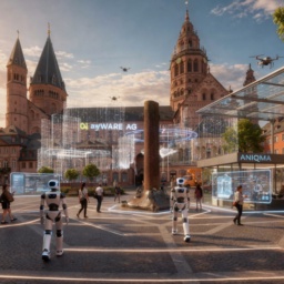 Der Mainzer Dom im Jahr 2045: Menschen und humanoide Roboter von anyWARE AG und ANIQMA arbeiten Hand in Hand im Dienst am Kunden – eine positive Tech-Zukunft vor historischer Kulisse.