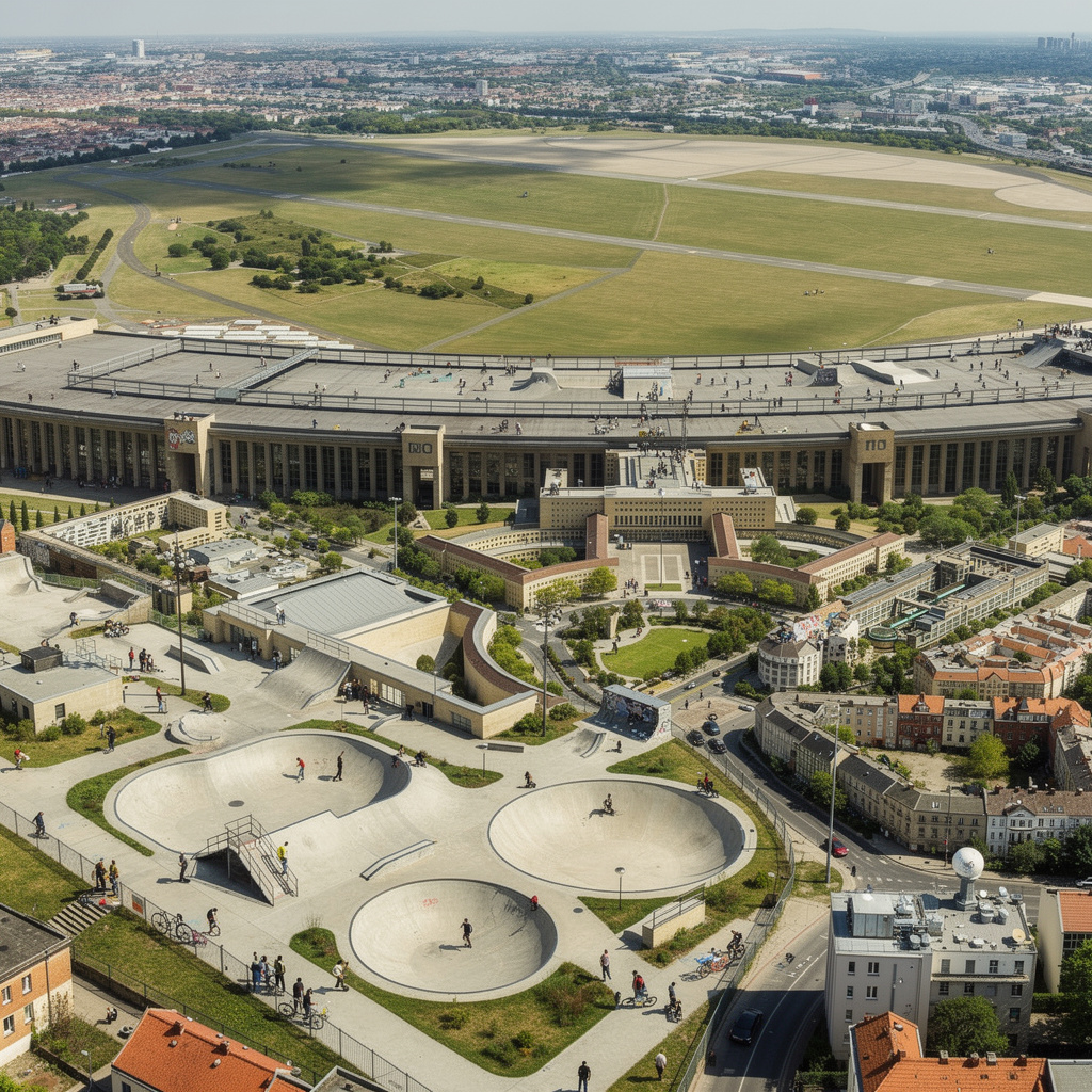 Zukunftsvision des Tempelhofer Feldes als Skatepark mit Skaterampen auf dem Dach des Flughafengebäudes