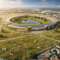 Zukunftsvision des Tempelhofer Feldes mit See, Naturflächen, Forschungsgebäude und vielfältigen Menschen bei sonnigem Wetter