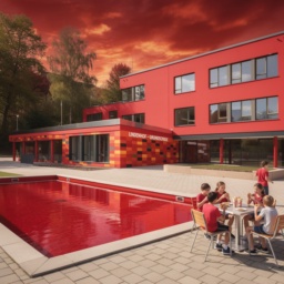 Die Lindenhof-Grundschule in einer Zukunftsvision: knallrote Fassade, ein roter Himmel und ein Pool mit rotem Wasser vor dem Gebäude, davor essen Kinder fröhlich Döner.