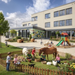 Die Lindenhof-Grundschule der Zukunft mit vielen Tieren zum Streicheln, glücklichen Kindern im Schulhof und einem Spielplatz im Hintergrund.