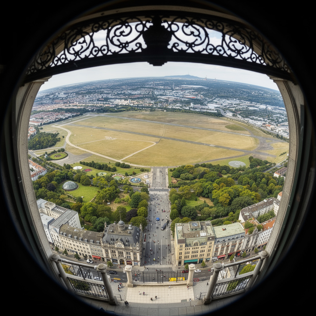 Eine futuristische Vision des Tempelhofer Feldes mit dem verlegten Kurfürstendamm und dem Zoo-Gebäude, aus der Vogelperspektive durch ein Portal mit Fisheye-Optik.