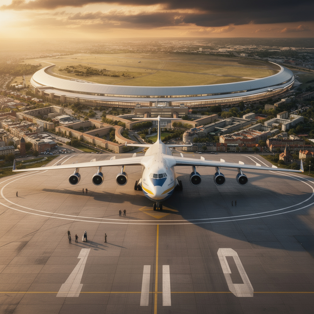Zukunftsvision des Tempelhofer Feldes mit An-225 Mriya aus umgekehrter Startbahn-Perspektive