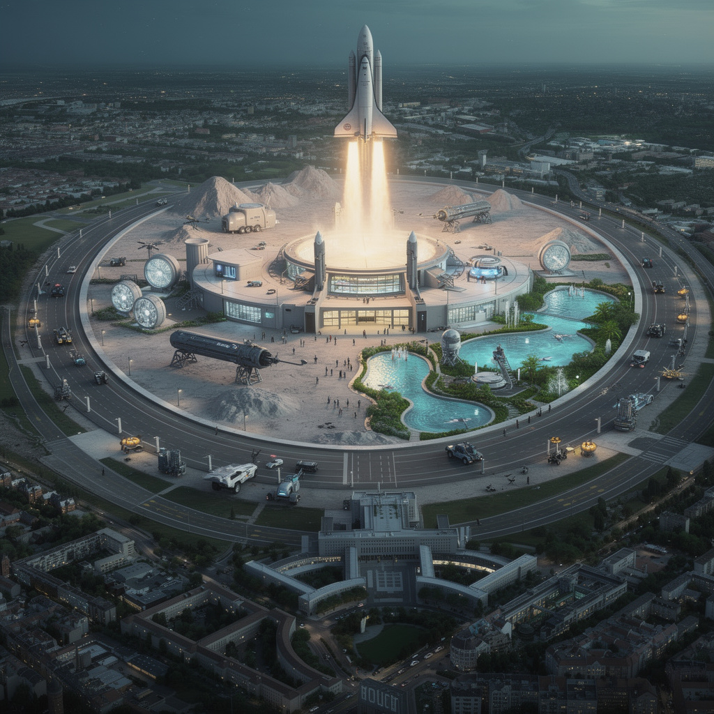 Futuristische Vision des Tempelhofer Feldes mit mehr Technik und Action am Rundweg, Raumschiffstart und Grünflächen.