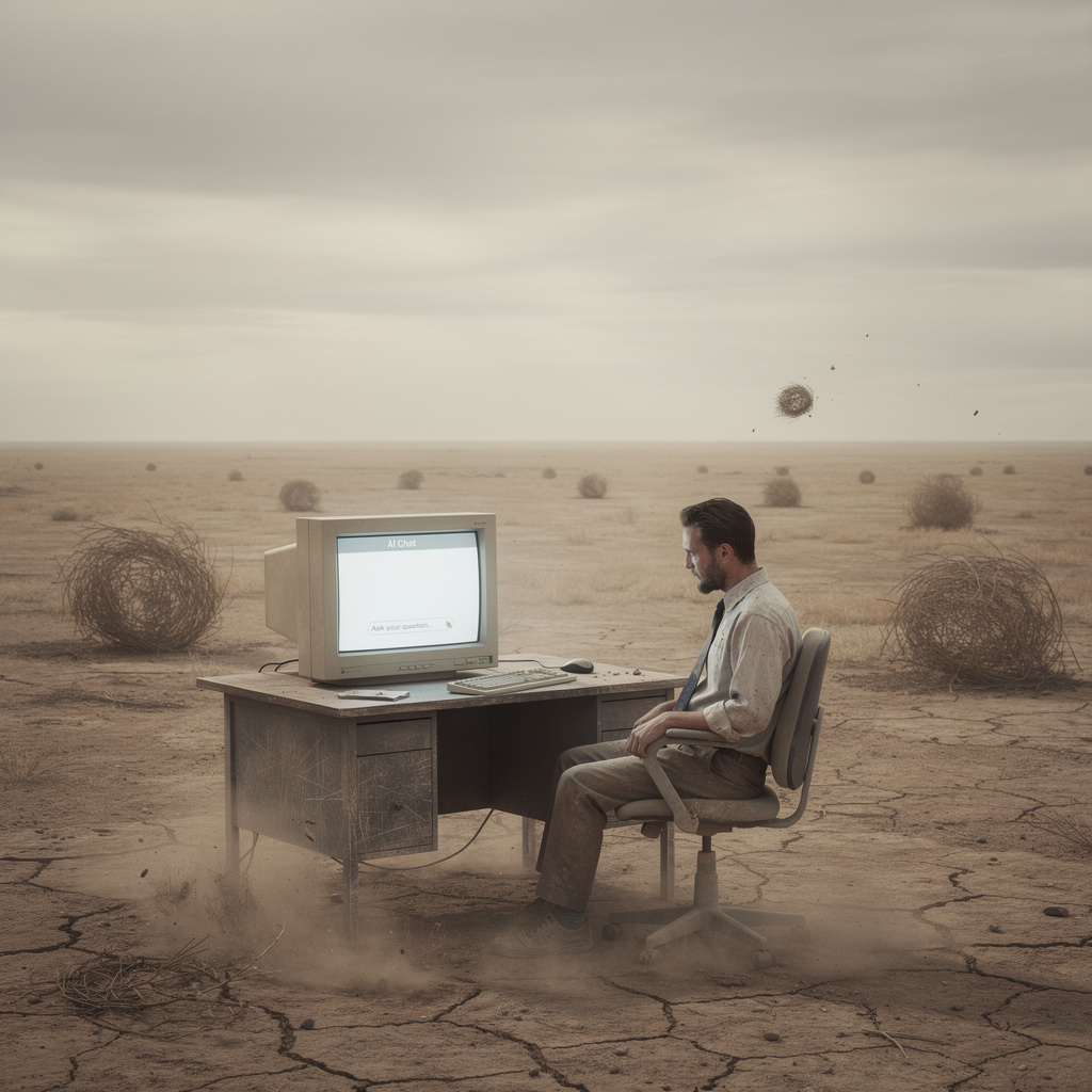 Ein Software-Tester sitzt einsam an einem Schreibtisch mitten in einer verlassenen Steppenlandschaft und blickt leer auf ein KI-Chat-Fenster, während Tumbleweeds durch das Bild wehen – eine dystopische Vision der Arbeitswelt 2040.