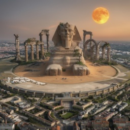 Visionäre Zukunft des Tempelhofer Feldes: Eine große Sphinx auf der Wiese, Ruinen anstelle des Flughafengebäudes, beleuchtet von einem orangen Mond.