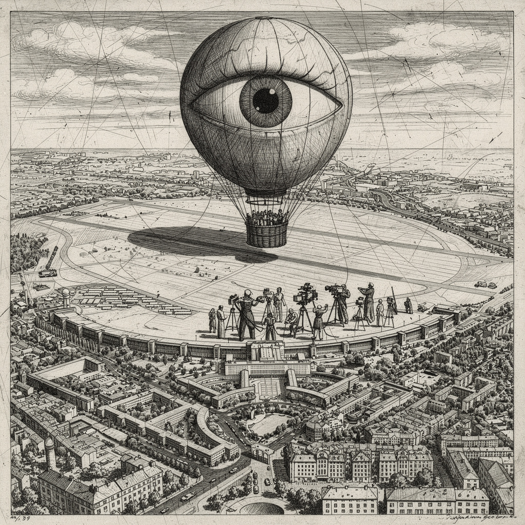 Surreale Vision: Ein riesiger Augapfel-Heißluftballon im Stil von Odilon Redon startet vom Tempelhofer Feld, während Zuschauer auf dem Flughafendach das Spektakel beobachten. Dargestellt als Schwarz-Weiß-Radierung mit Kratzspuren.