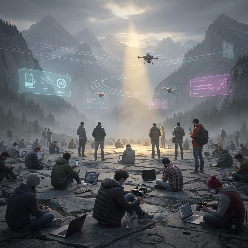 Eine dystopische Vision der Arbeitswelt 2040: Arbeitslose Developer versammeln sich in einer Berglandschaft, während automatisierte Systeme am Horizont wirken. Ein schwacher Lichtstrahl symbolisiert die Hoffnung auf mehr Gerechtigkeit.