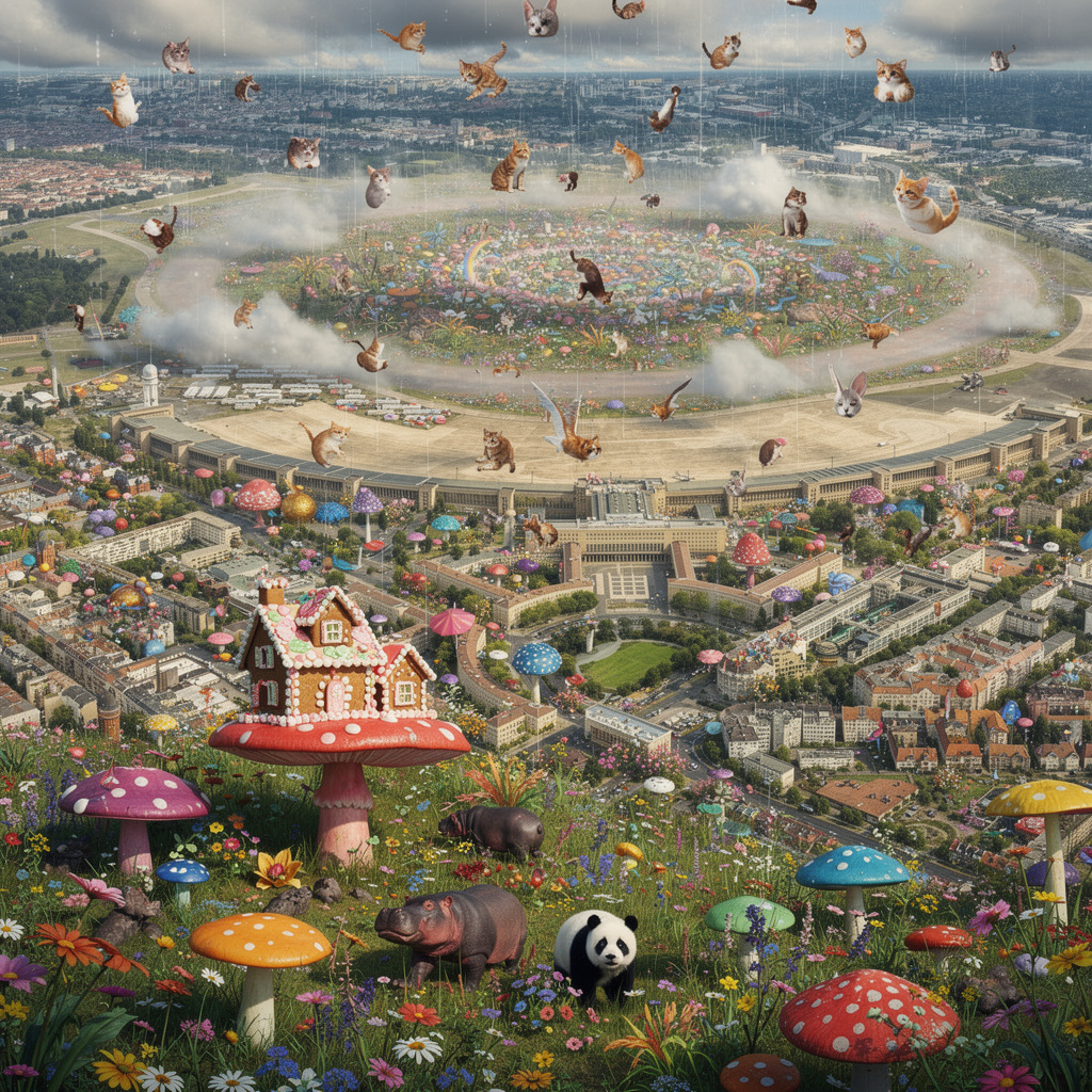 Eine märchenhafte Zukunftsvision des Tempelhofer Feldes: Das Flughafengebäude als Lebkuchenhaus, auf dem Feld bunte Blumen, Pilze, Nilpferde und Pandas, während es Katzen und Hunde vom Himmel regnet.